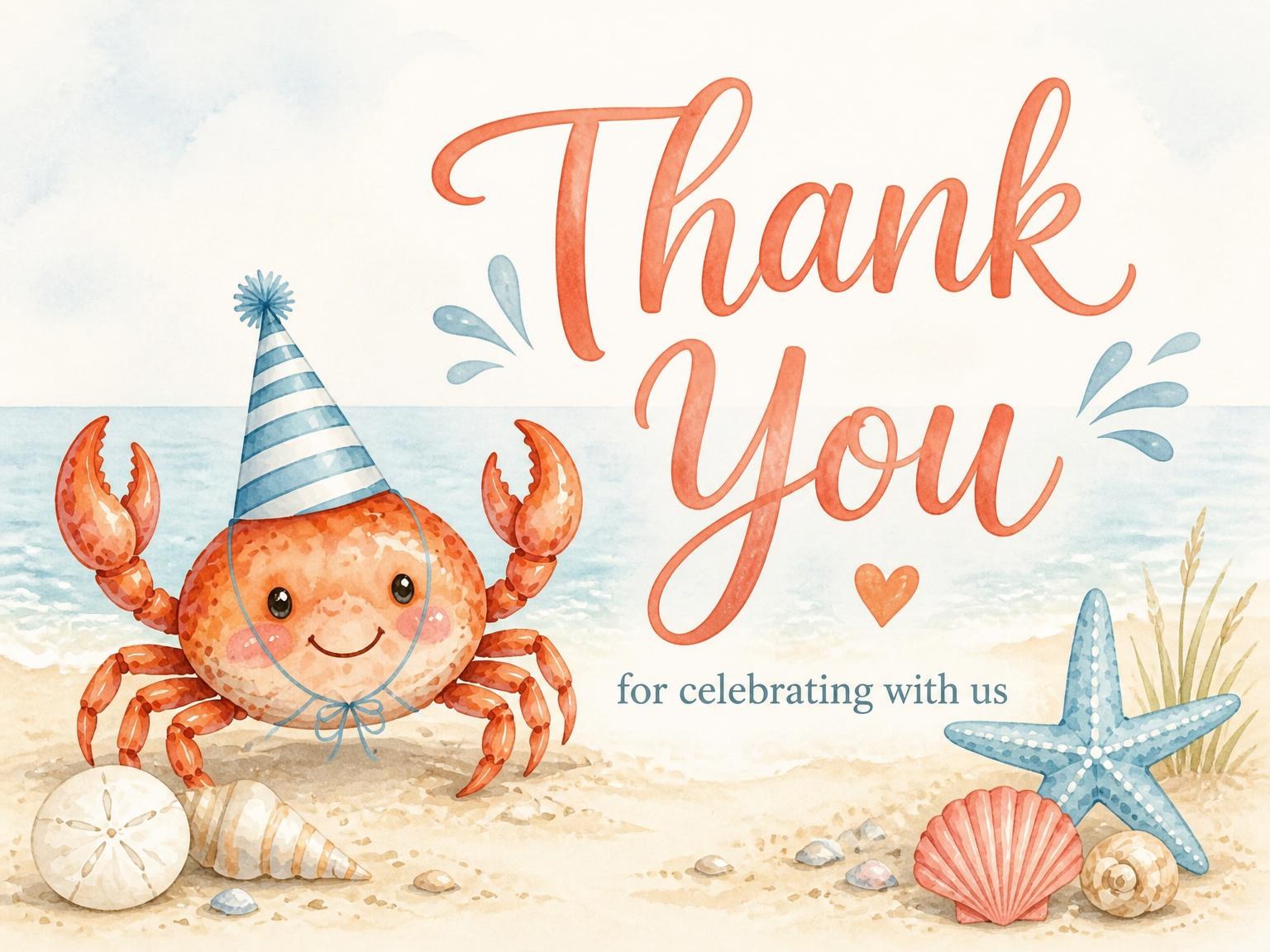 The matching thank-you card for the Watercolor Crab Beach 3rd Birthday invitation