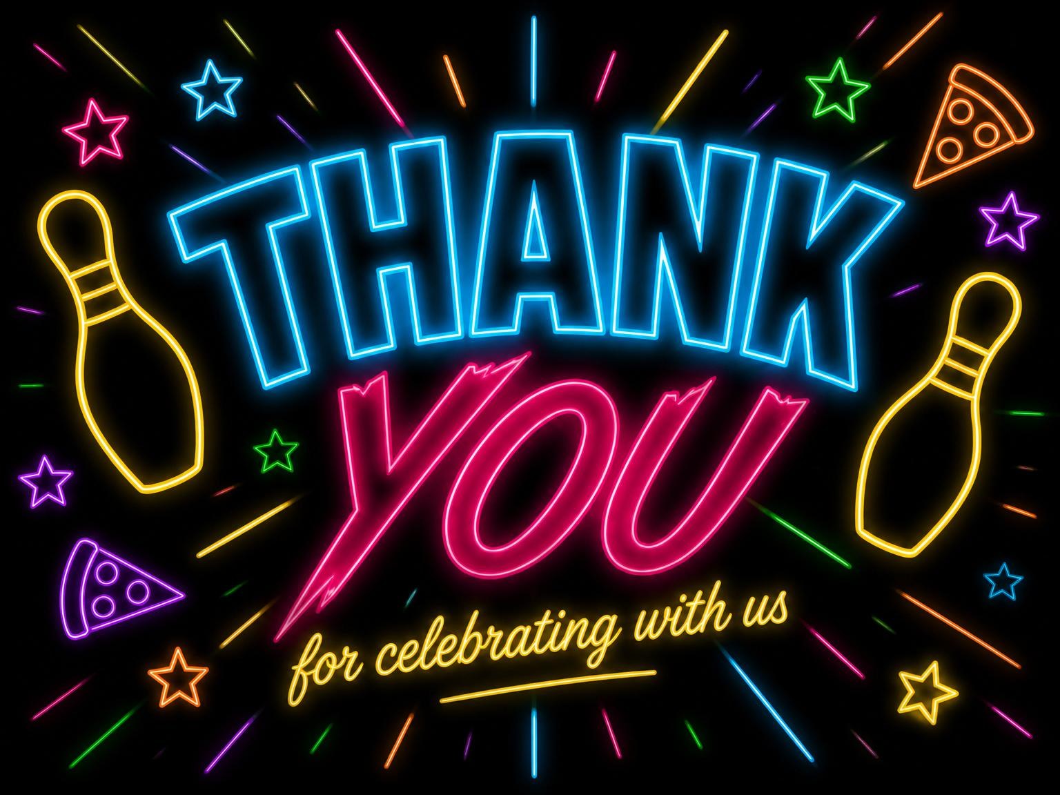 The matching thank-you card for the Neon Strike Bowling Party invitation