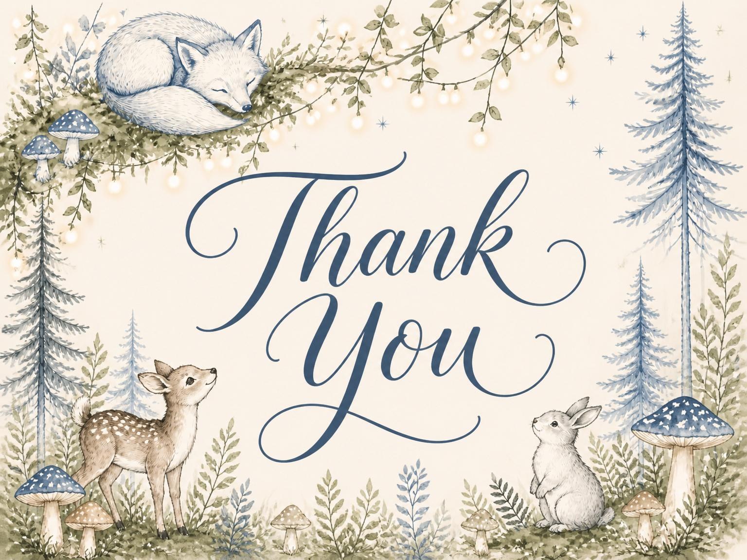 The matching thank-you card for the Watercolor Woodland Forest Baby Shower invitation