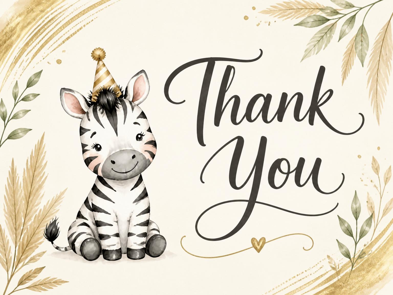 The matching thank-you card for the Gold Watercolor Zebra 2nd Birthday invitation