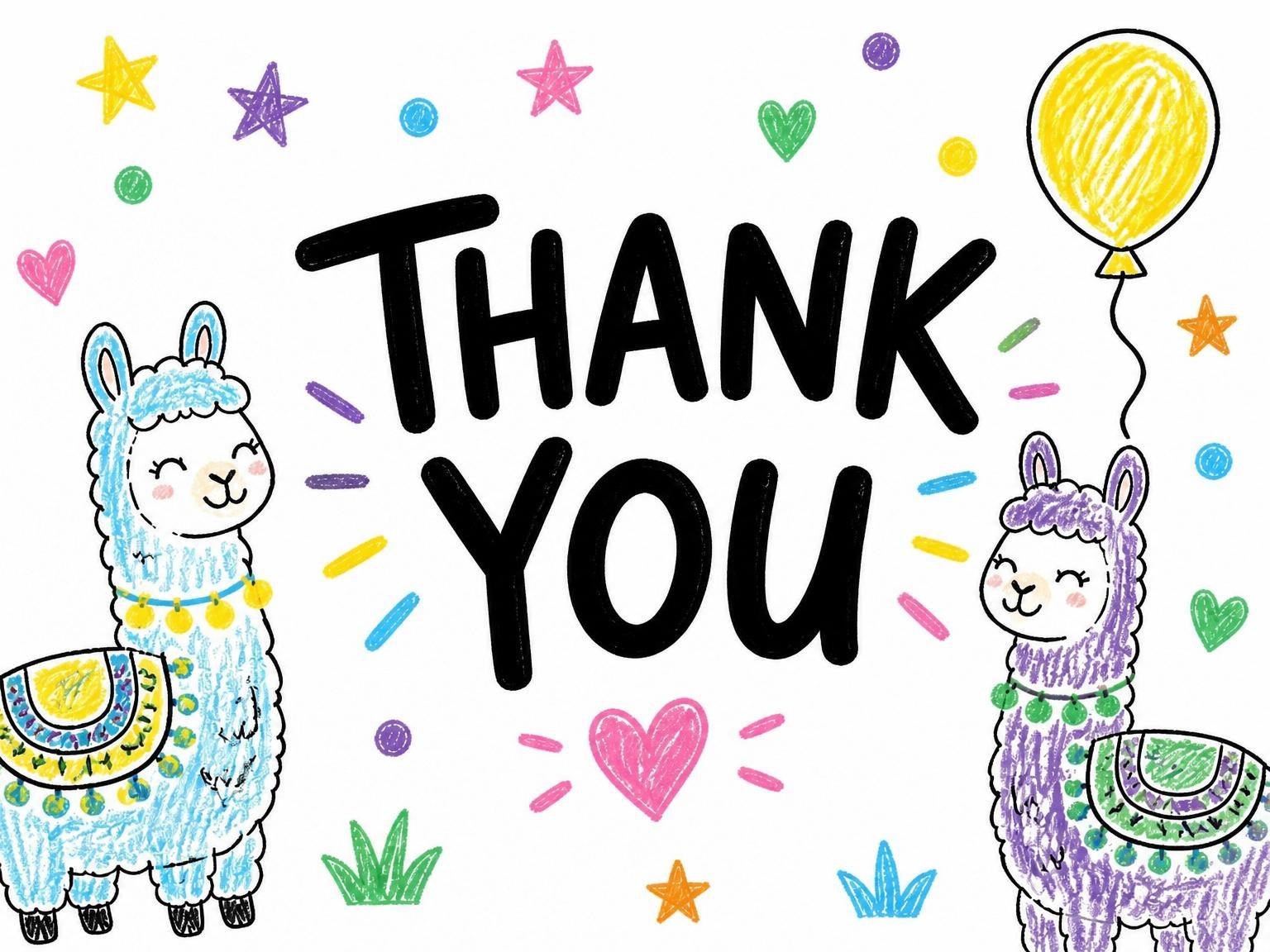 The matching thank-you card for the Crayon Llama Doodle 2nd Birthday Invitation invitation