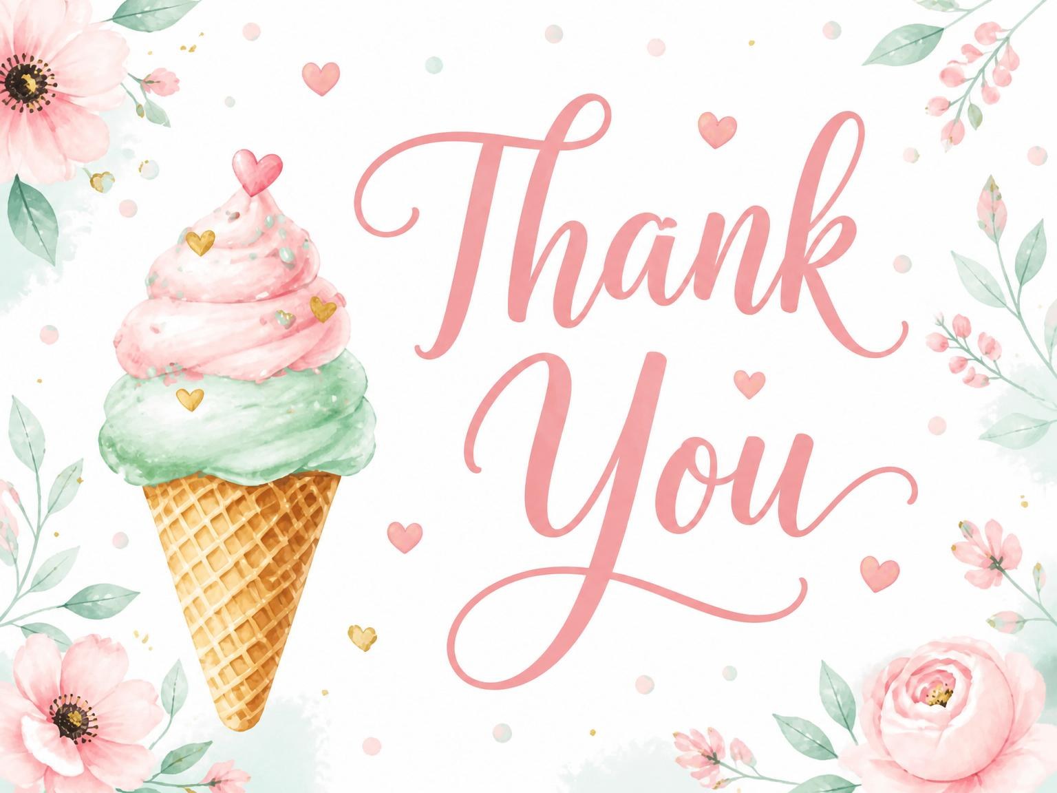 The matching thank-you card for the Watercolor Ice Cream 1st Birthday invitation
