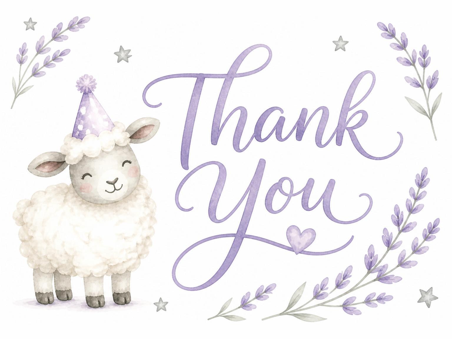The matching thank-you card for the Watercolor Lamb Lavender 3rd Birthday invitation