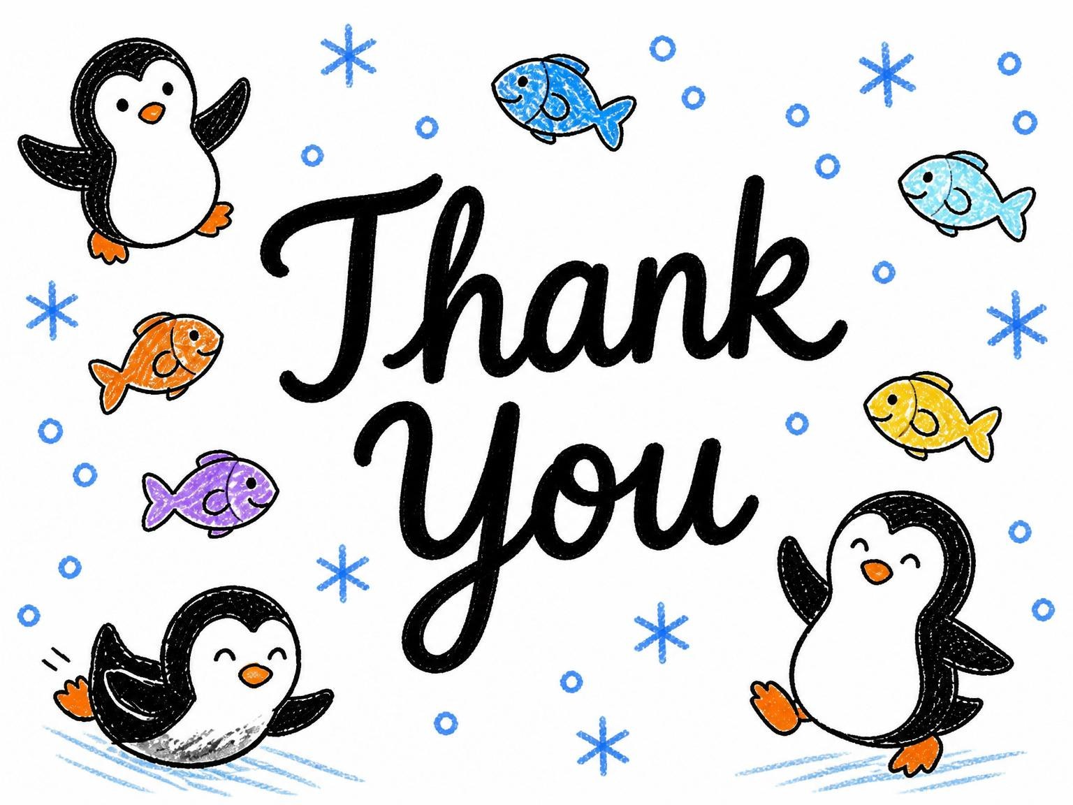The matching thank-you card for the Crayon Penguin and Fish 3rd Birthday invitation