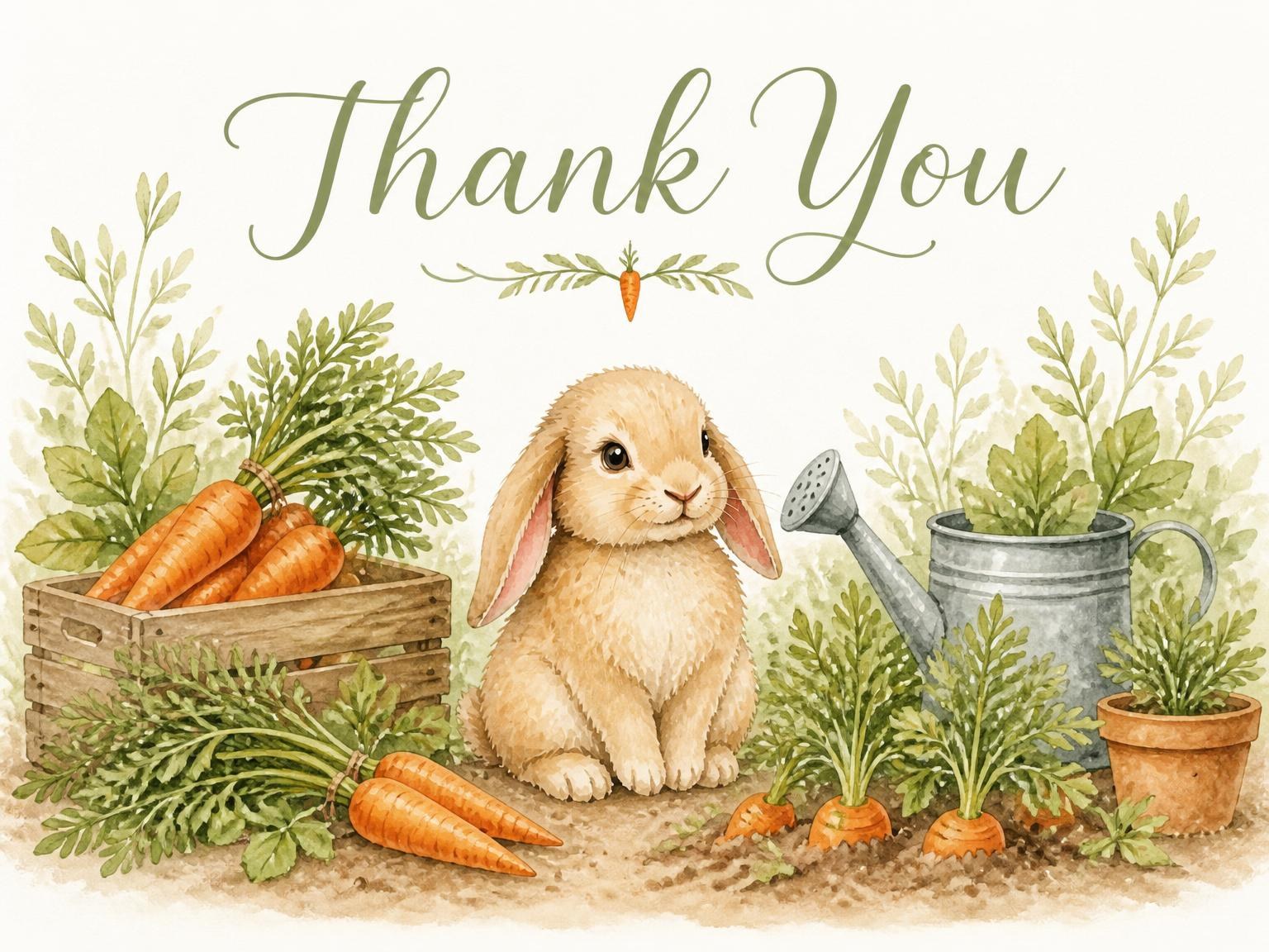The matching thank-you card for the Watercolor Bunny Carrot 2nd Birthday invitation