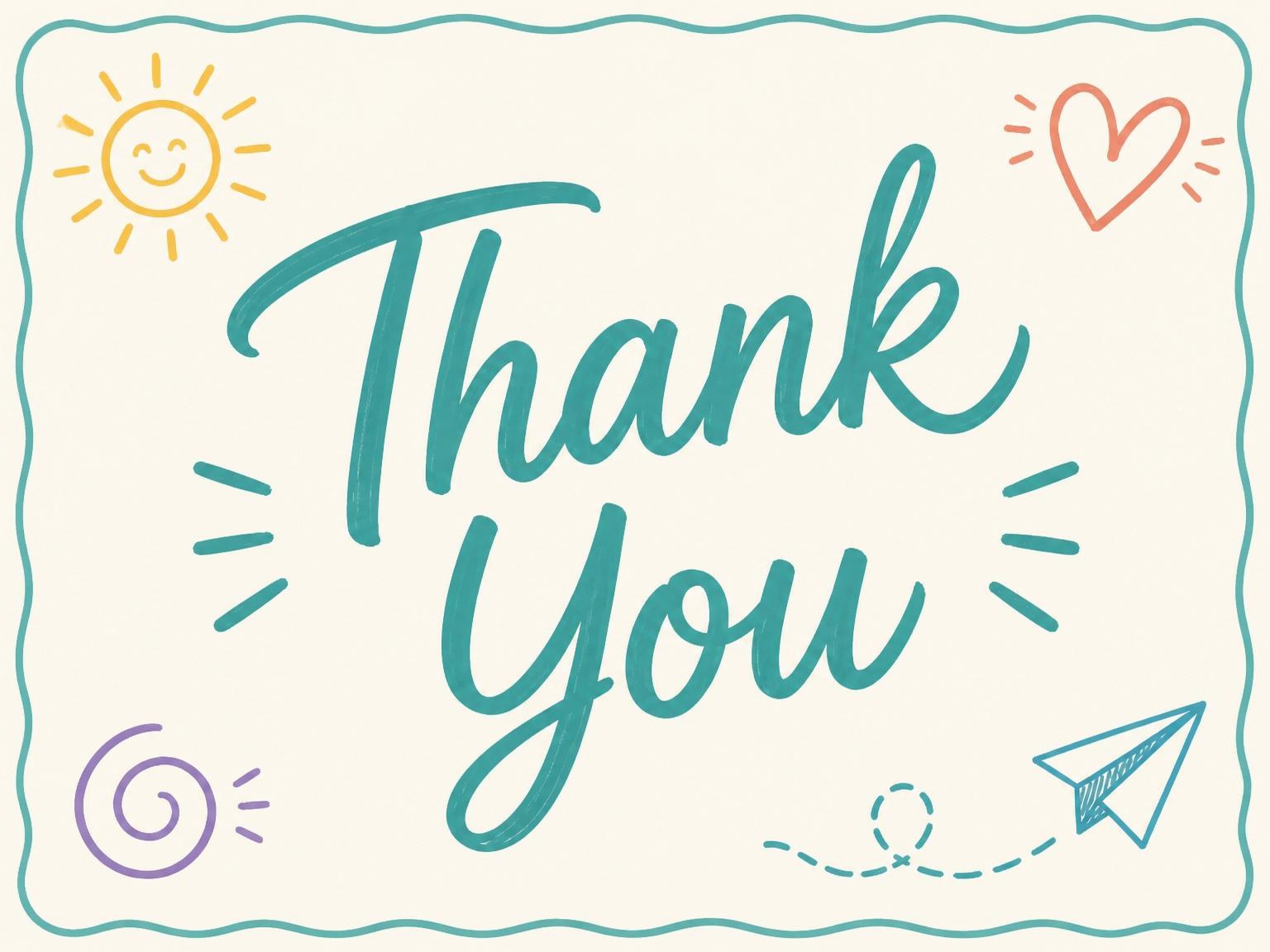 The matching thank-you card for the Teal Doodle Motif 7th Birthday Celebration invitation