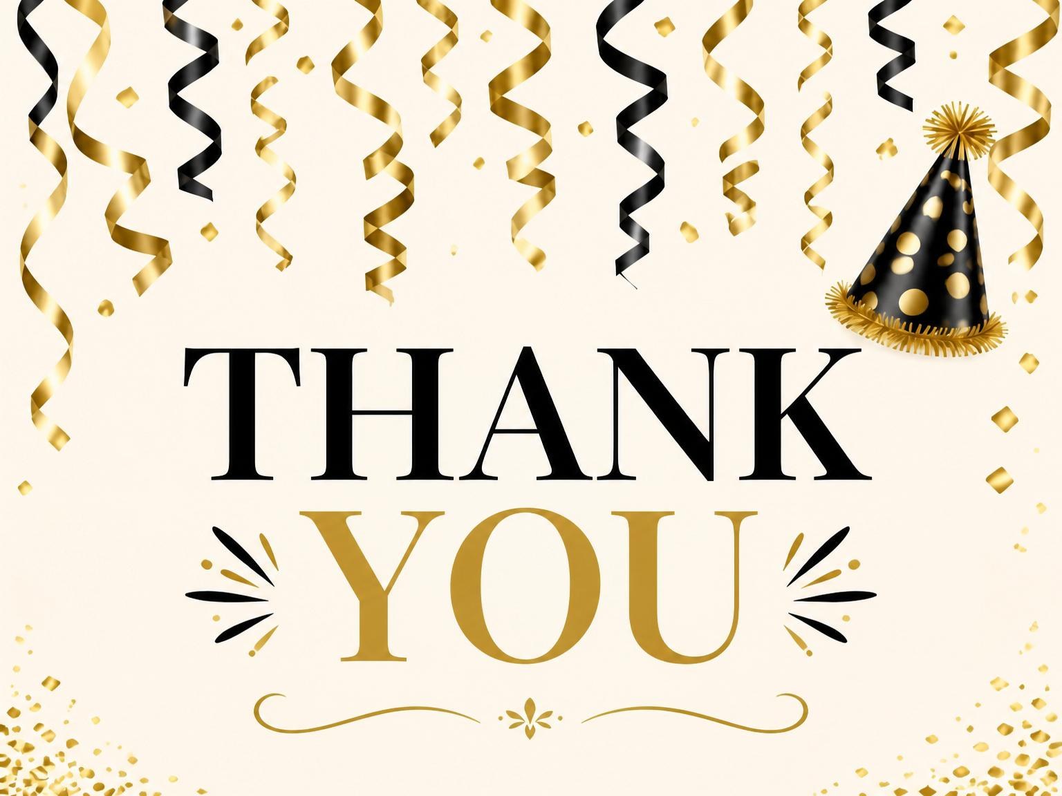 The matching thank-you card for the Black and Gold Streamer 90th Birthday invitation
