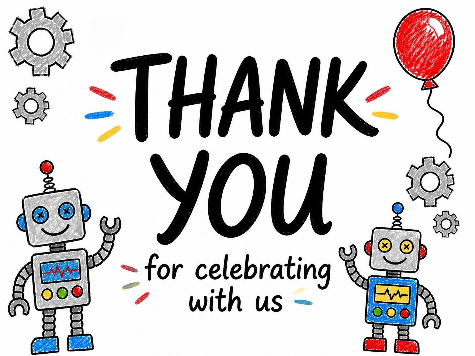 The matching thank-you card for the Crayon Robot Gear 7th Birthday invitation