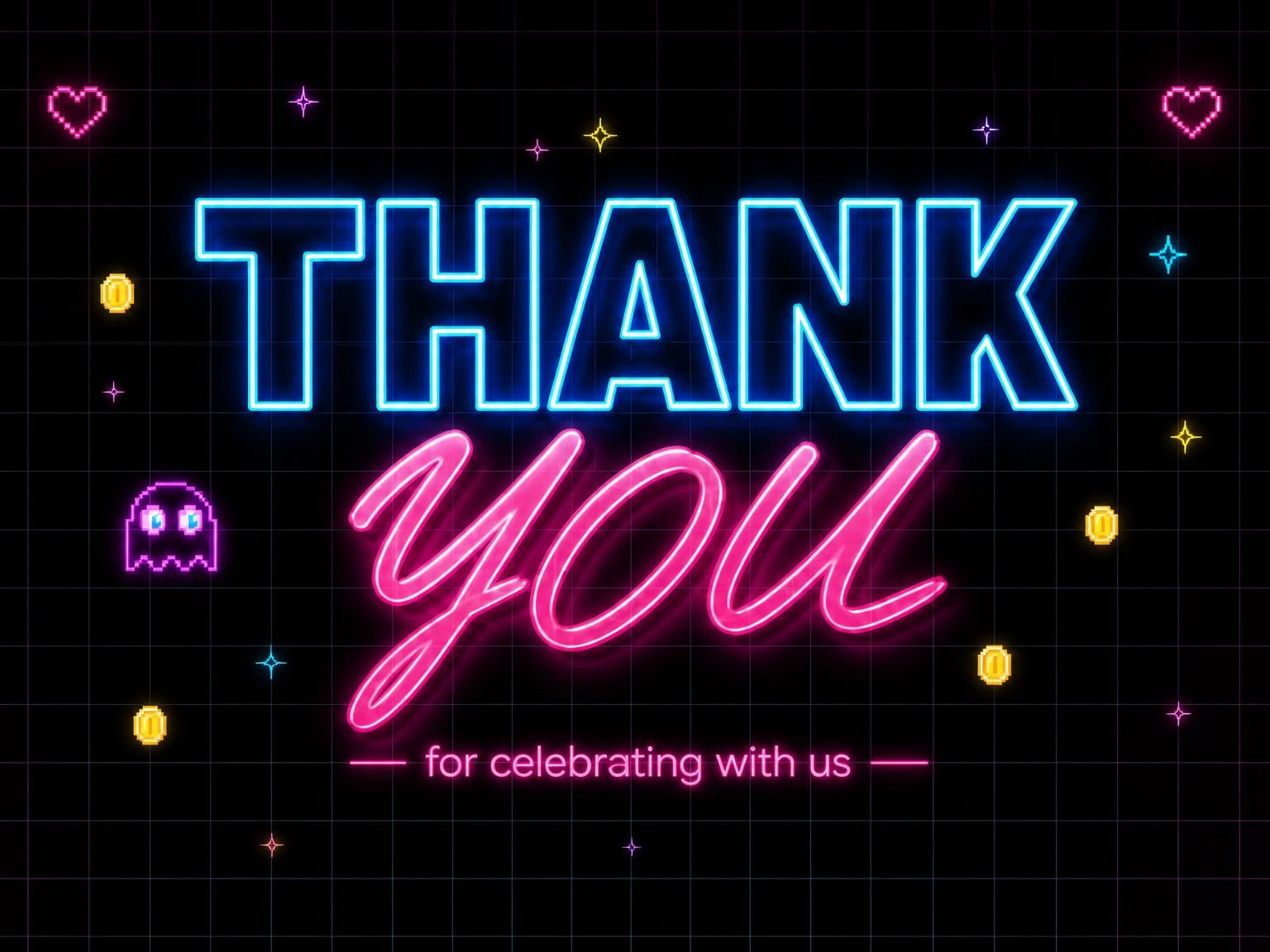 The matching thank-you card for the Neon Retro Arcade 8th Birthday invitation