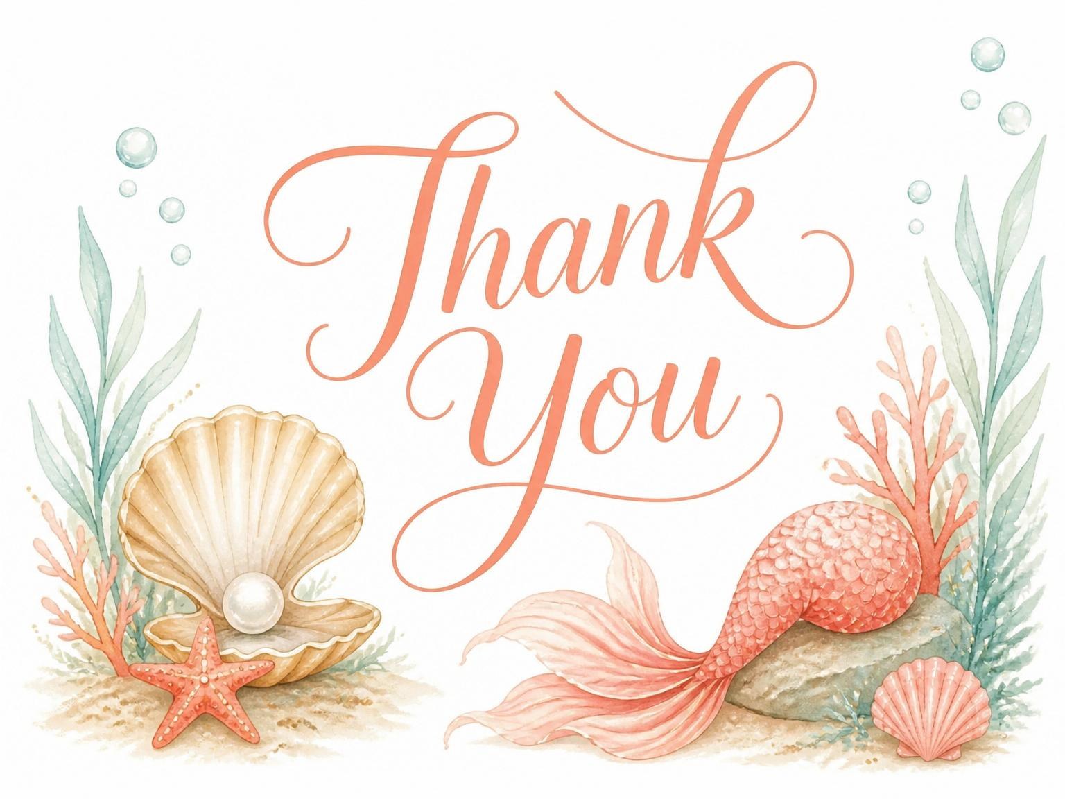 The matching thank-you card for the Watercolor Mermaid Coral 5th Birthday invitation