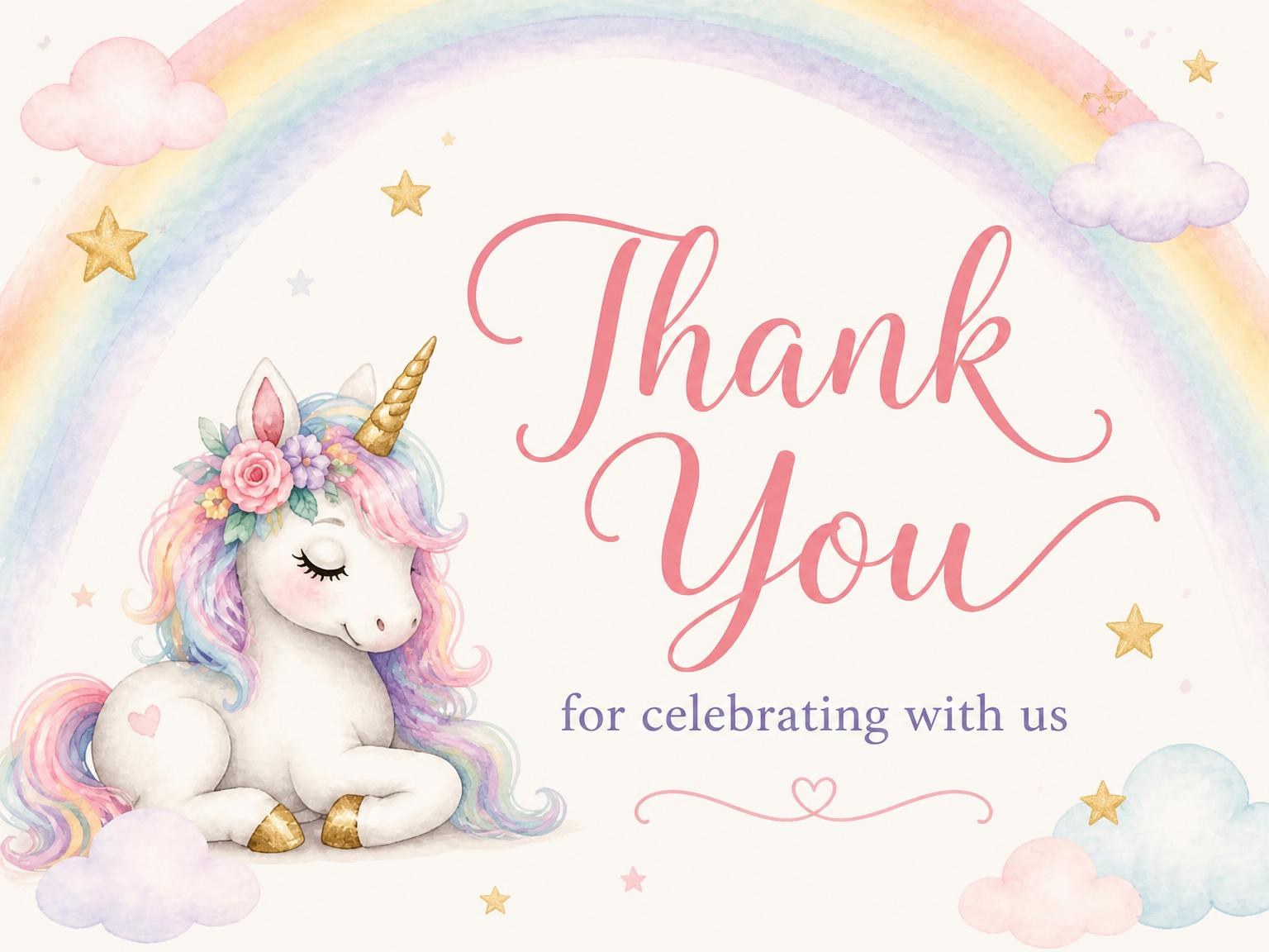 The matching thank-you card for the Watercolor Pastel Unicorn 2nd Birthday invitation