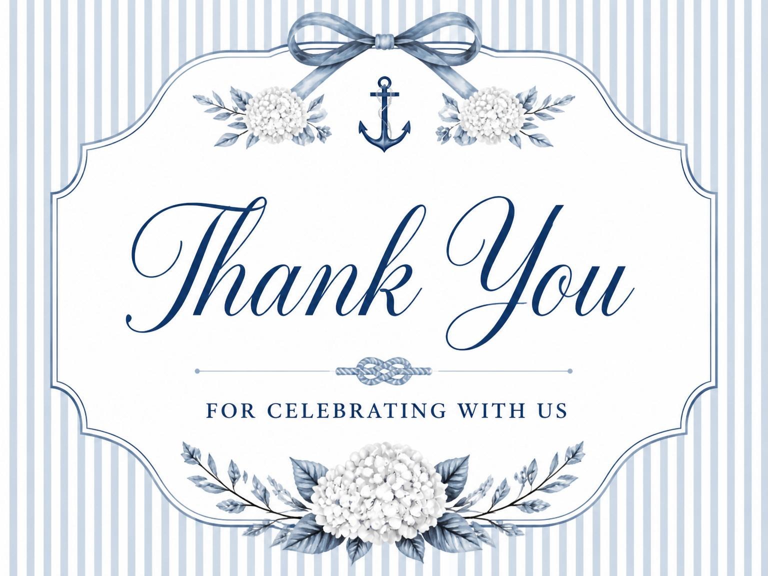 The matching thank-you card for the Blue Pinstripe Nautical Bridal Shower invitation