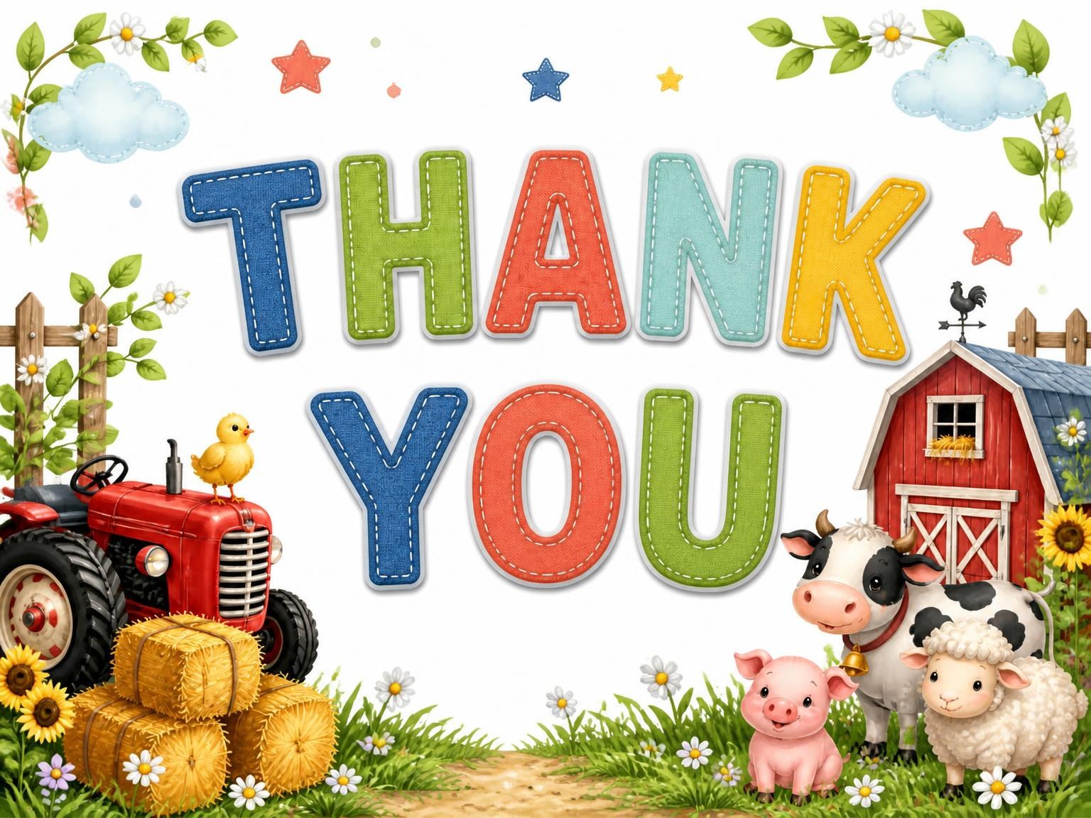 The matching thank-you card for the Stitched Farm 9th Birthday Invitation invitation