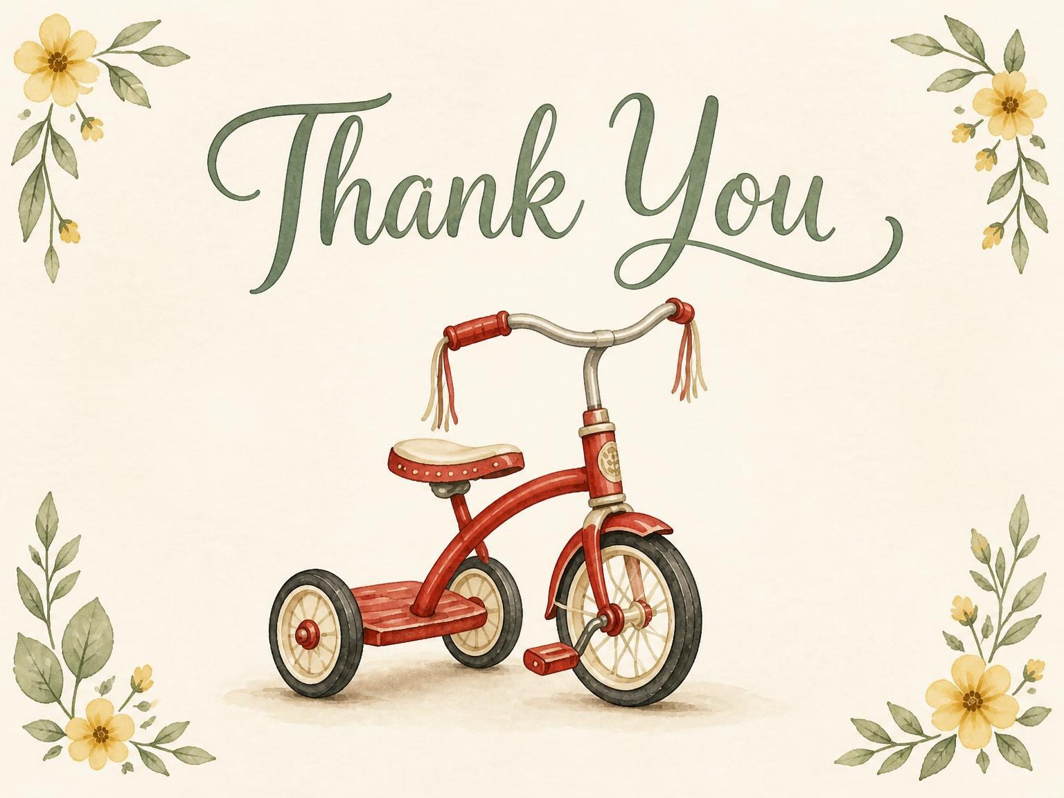 The matching thank-you card for the Vintage Tricycle Floral First Birthday invitation