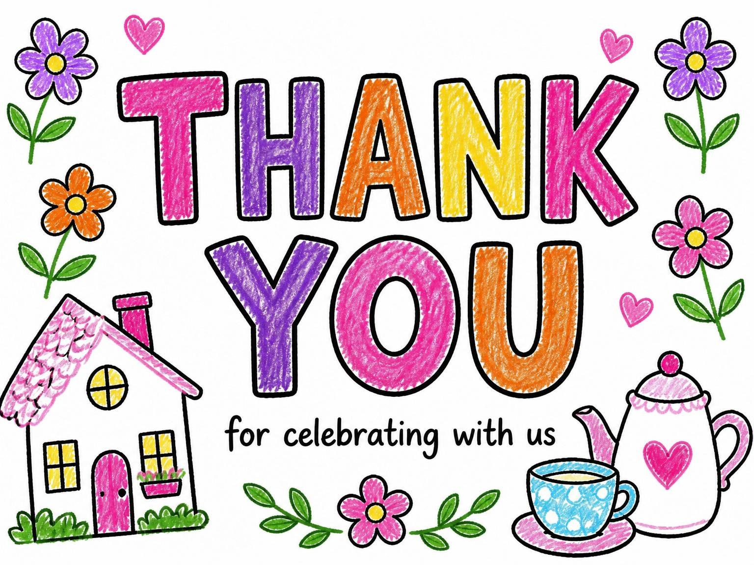 The matching thank-you card for the Crayon Drawing Cottage Tea Party 7th Birthday invitation