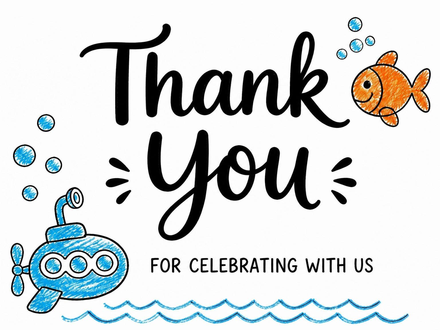 The matching thank-you card for the Crayon Submarine Underwater 2nd Birthday invitation