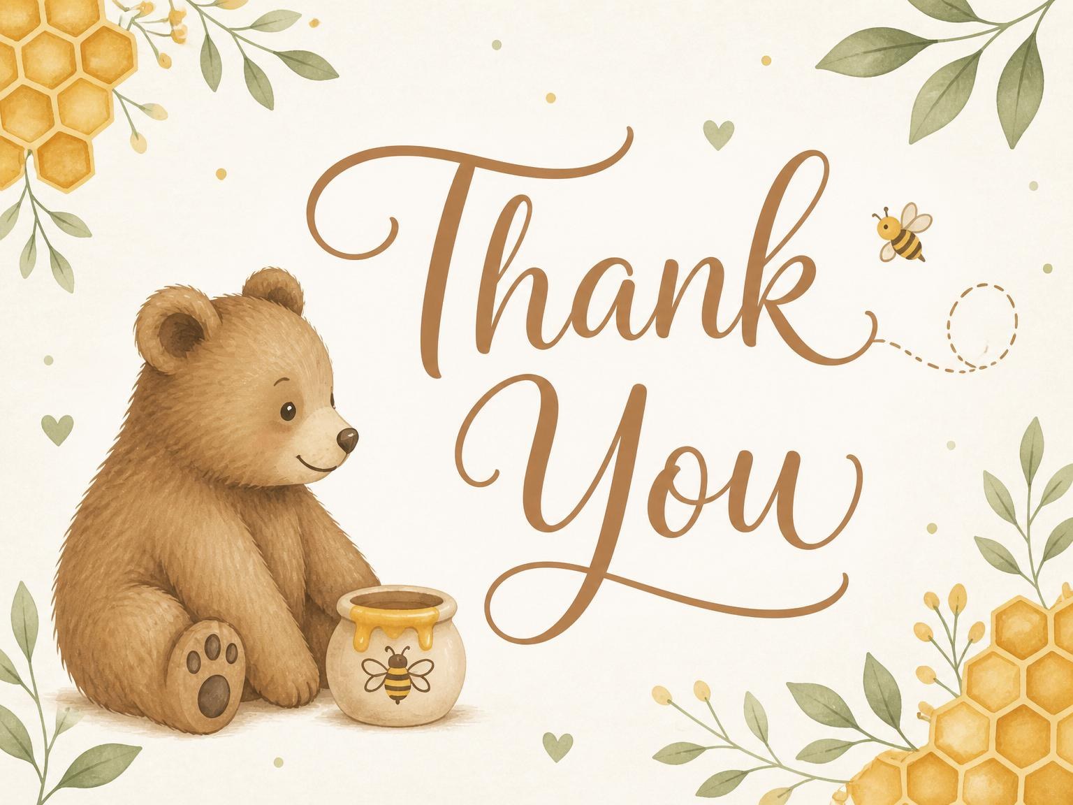 The matching thank-you card for the Watercolor Bear Honey Pot 2nd Birthday invitation
