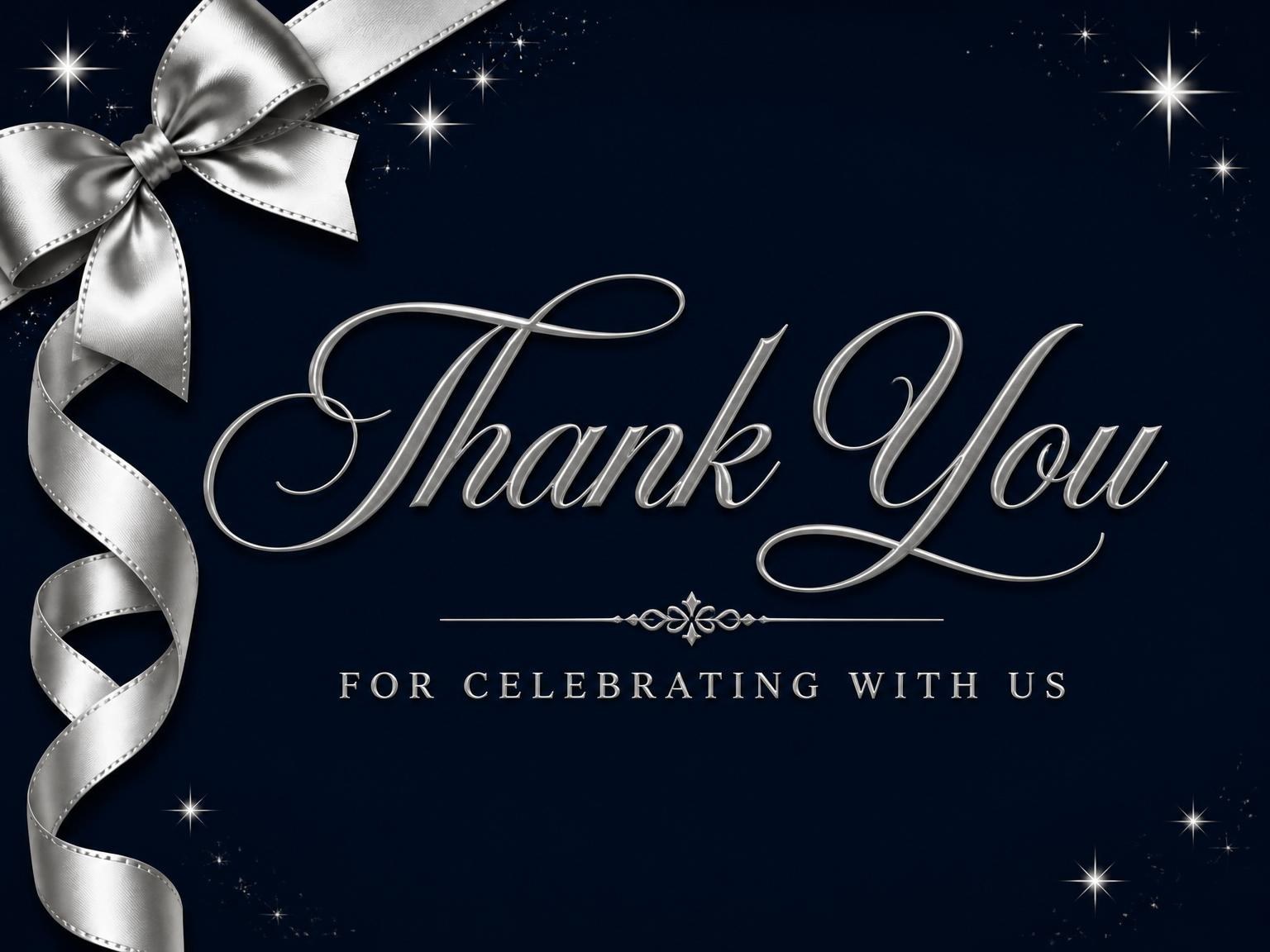 The matching thank-you card for the Indigo Silver Ribbon 85th Birthday invitation