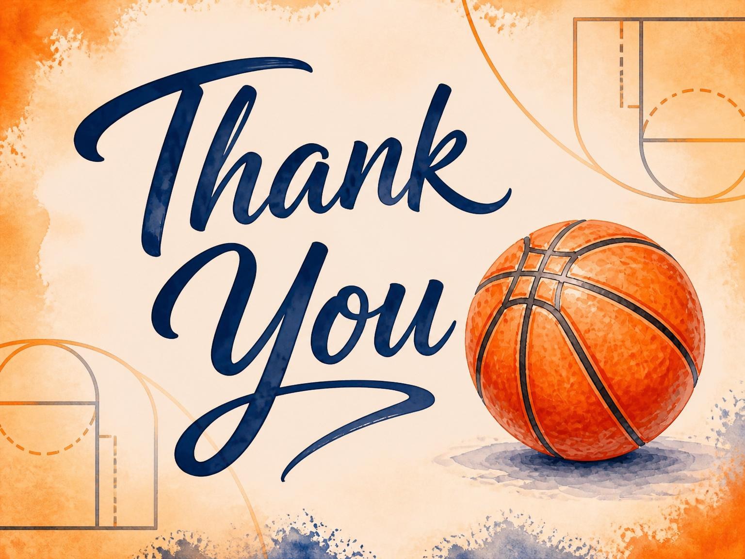 The matching thank-you card for the Watercolor Basketball Court 5th Birthday invitation