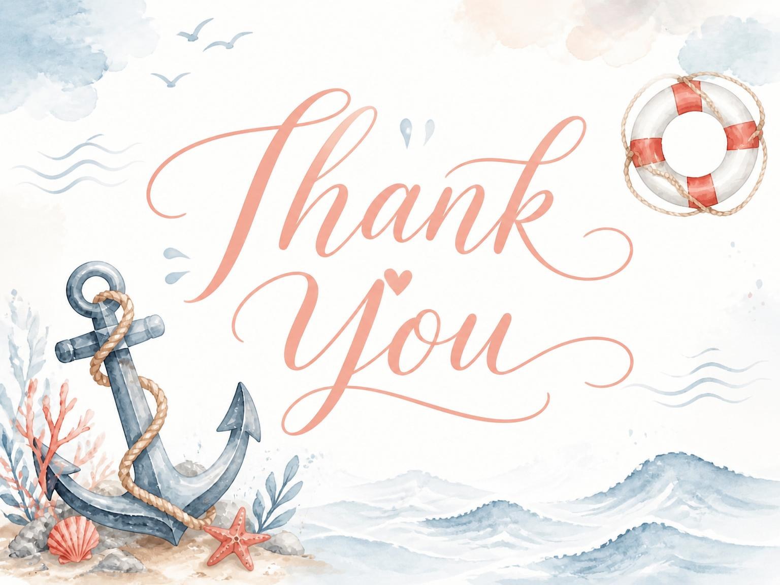 The matching thank-you card for the Pastel Nautical Watercolor Baby Shower invitation