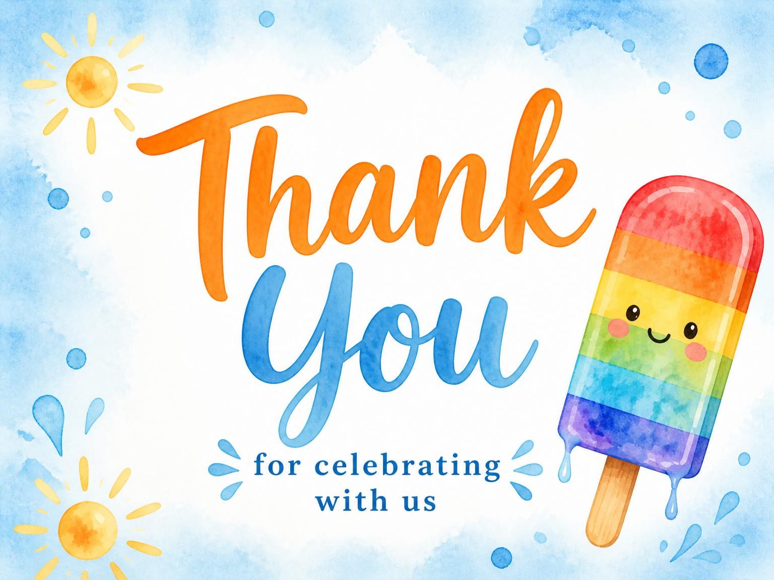 The matching thank-you card for the Rainbow Popsicle Summer 4th Birthday invitation