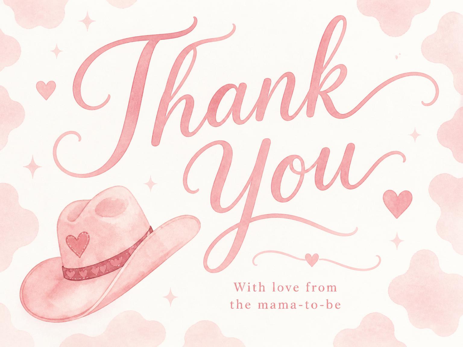 The matching thank-you card for the Little Pink Cowgirl Baby Shower invitation