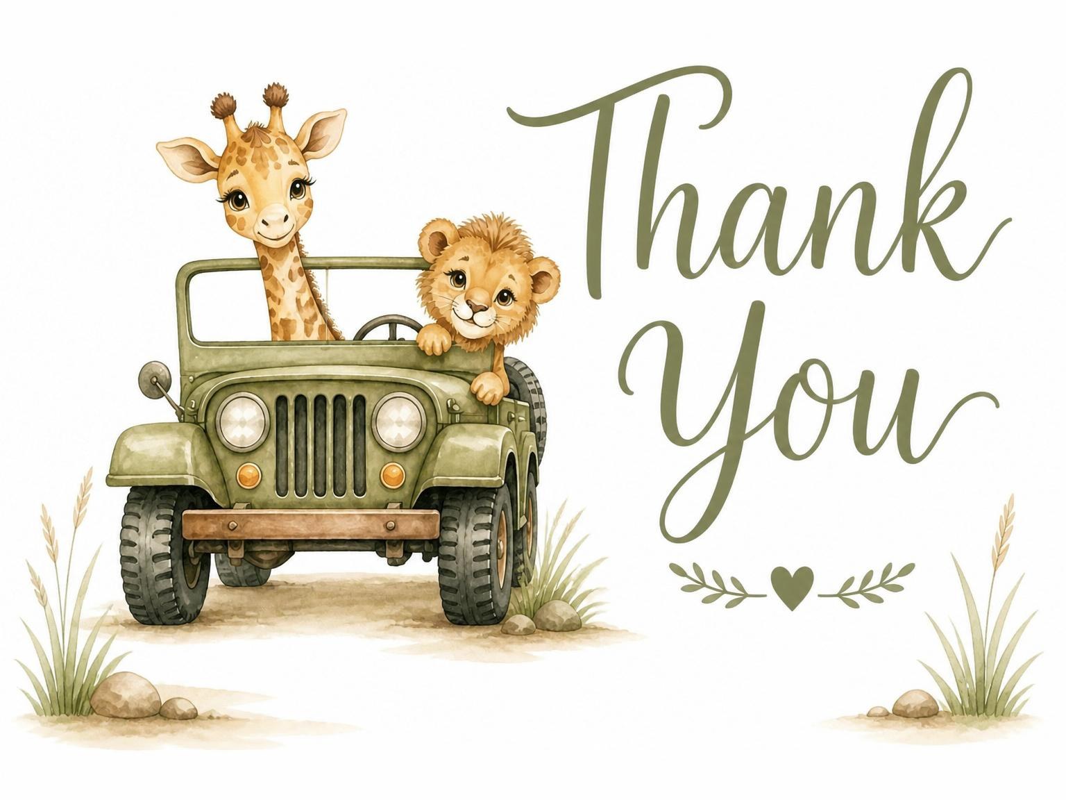 The matching thank-you card for the Watercolor Safari Jeep 5th Birthday invitation