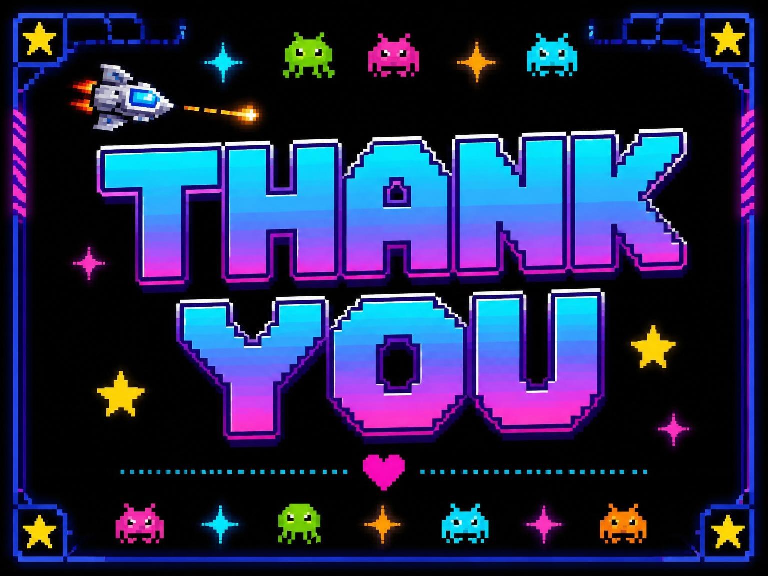 The matching thank-you card for the Neon Pixel Space 5th Birthday invitation