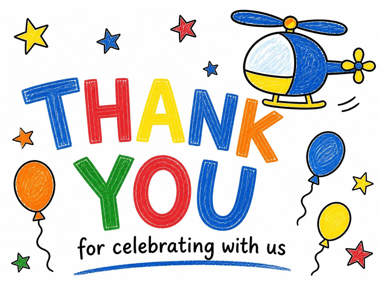 The matching thank-you card for the Blue Crayon Helicopter 6th Birthday invitation