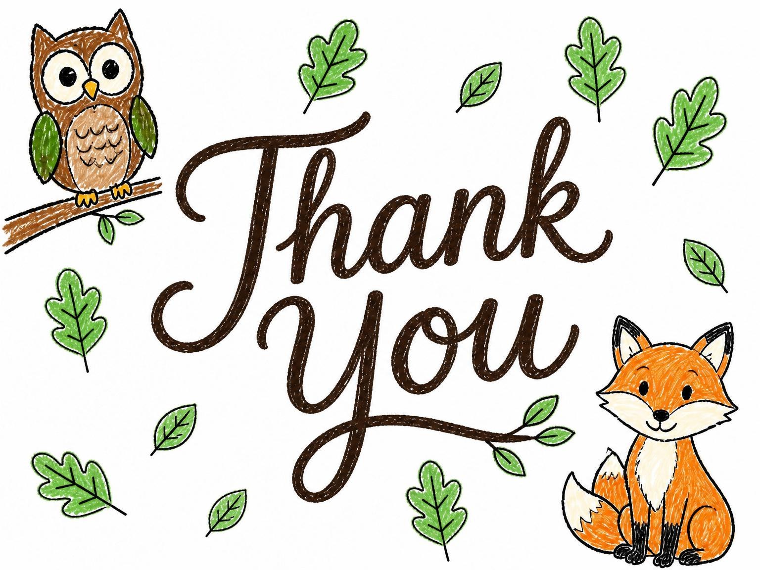 The matching thank-you card for the Crayon Woodland Animal 9th Birthday Invitation invitation