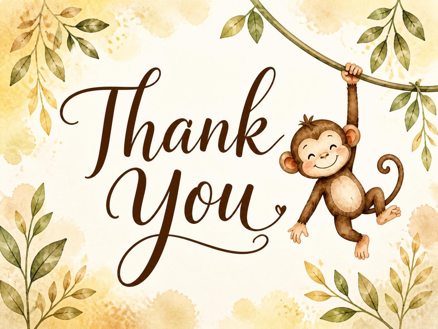 The matching thank-you card for the Watercolor Jungle Monkey 5th Birthday invitation