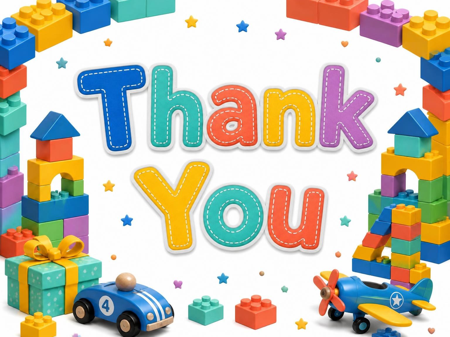 The matching thank-you card for the Stitched Toy Blocks 9th Birthday Invitation invitation