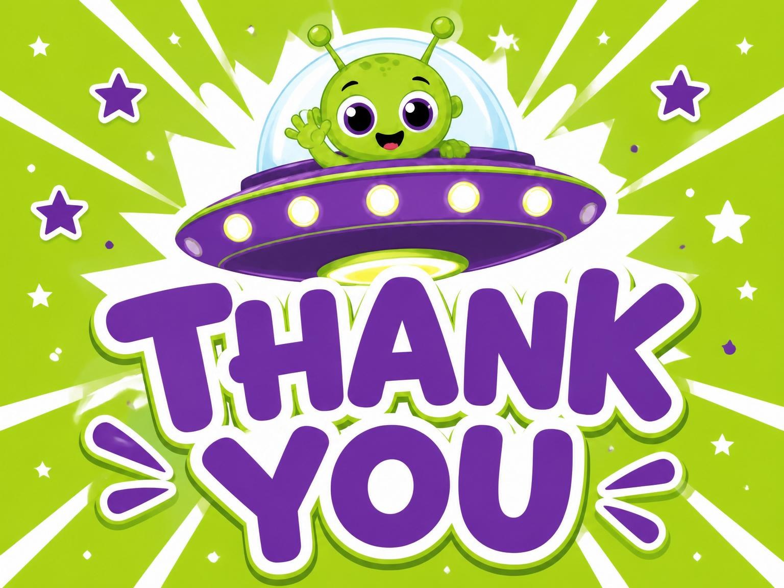 The matching thank-you card for the Neon Alien Flying Saucer 5th Birthday invitation