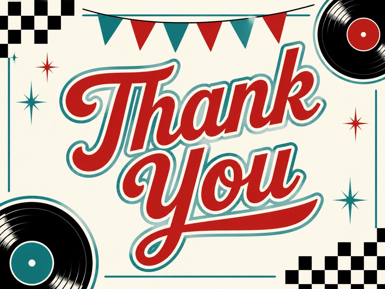 The matching thank-you card for the Retro Poodle Skirt 7th Birthday invitation