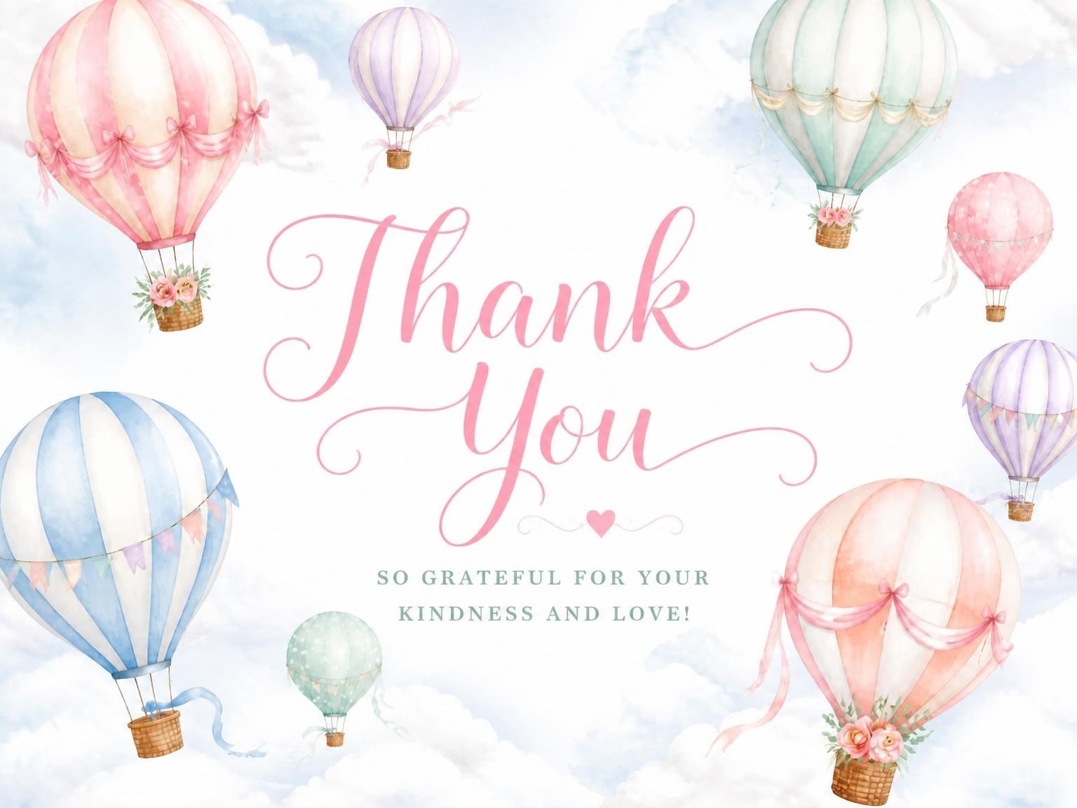 The matching thank-you card for the Pastel Watercolor Hot Air Balloon Baby Shower invitation