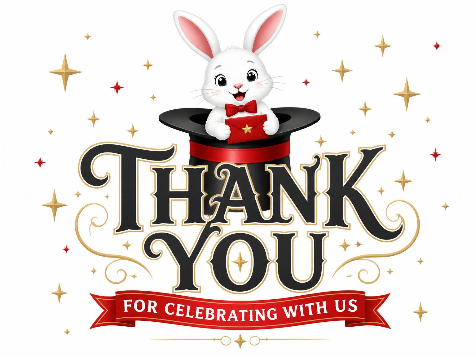 The matching thank-you card for the Magical Rabbit Top Hat 6th Birthday invitation