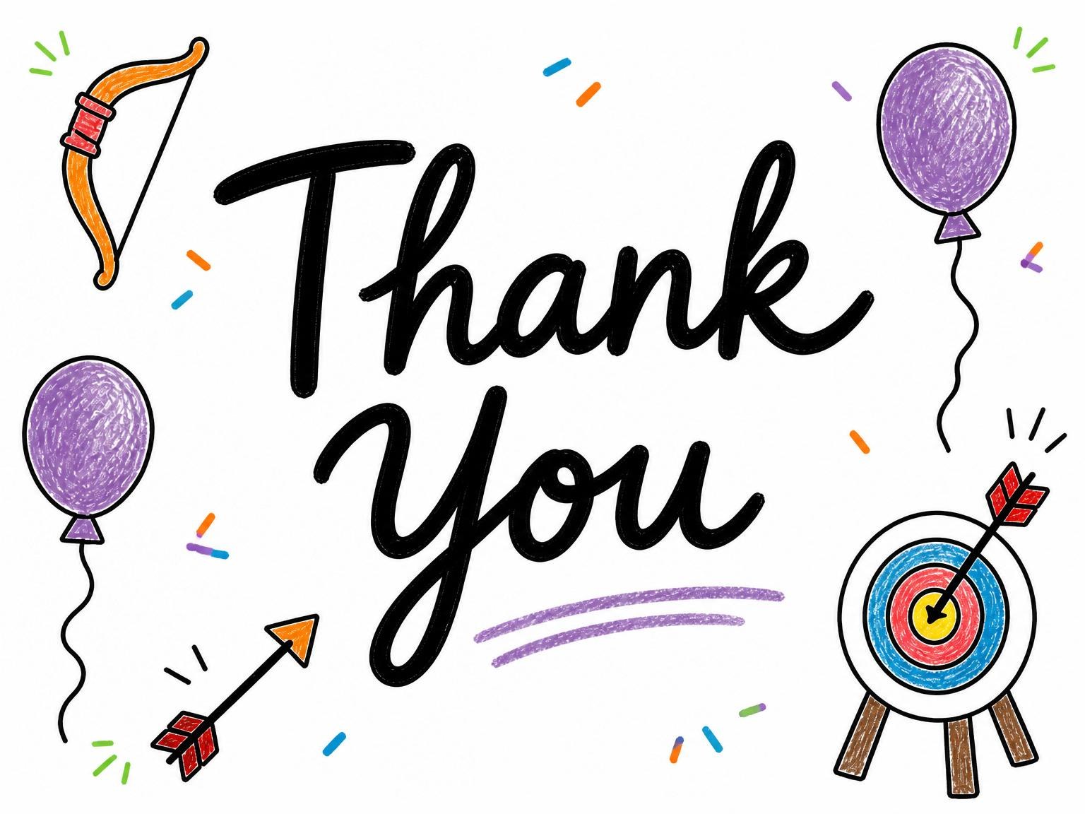 The matching thank-you card for the Crayon Sketch Archery 5th Birthday invitation