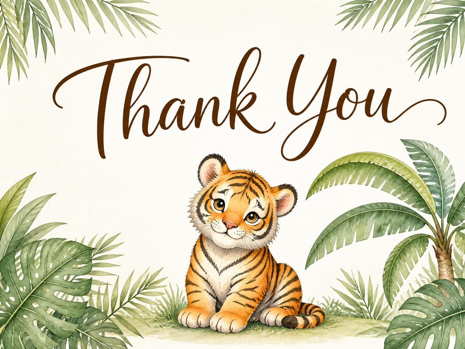 The matching thank-you card for the Watercolor Tiger Jungle 3rd Birthday invitation