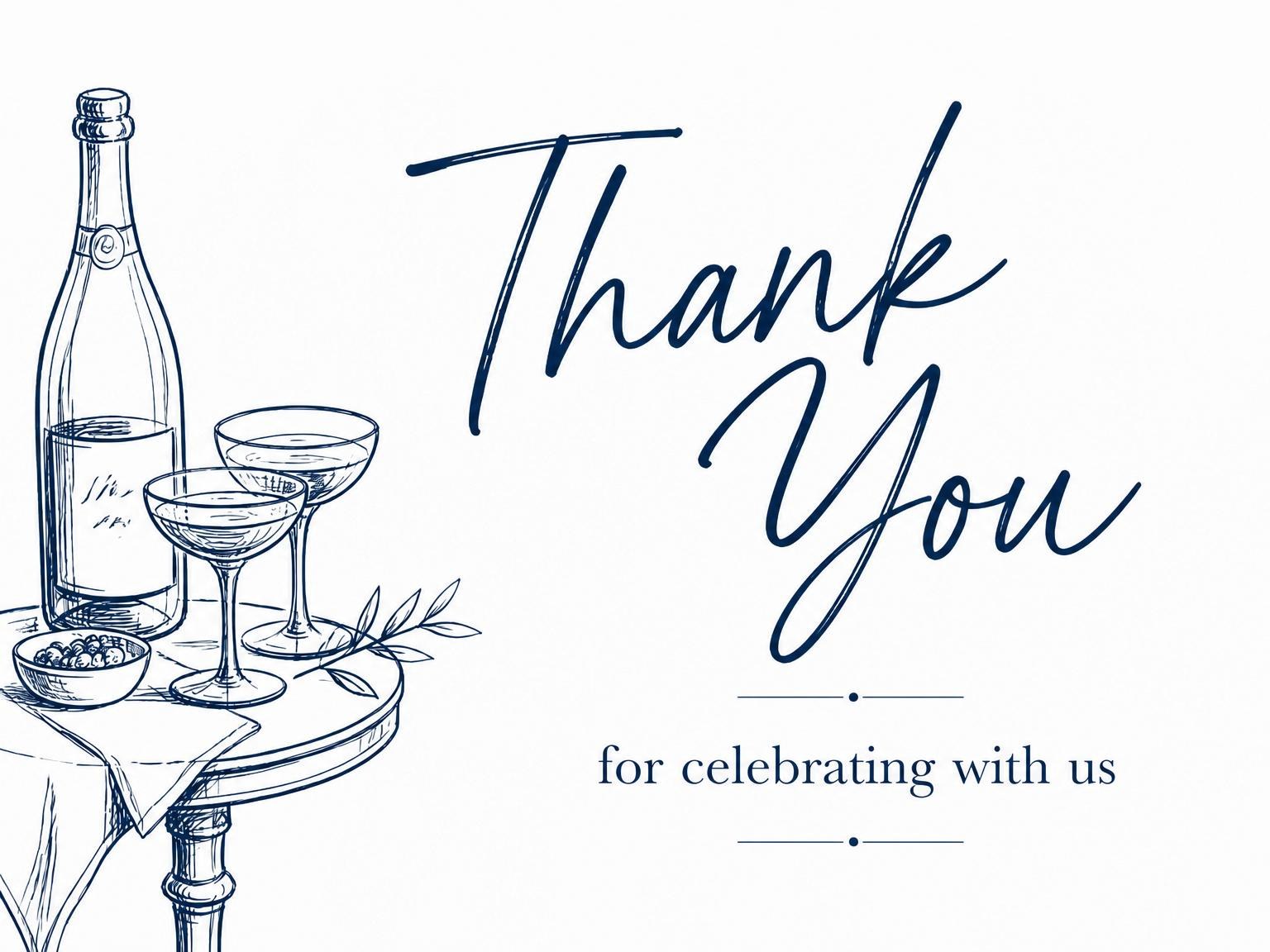 The matching thank-you card for the Navy Ink Champagne 40th Birthday Illustration invitation