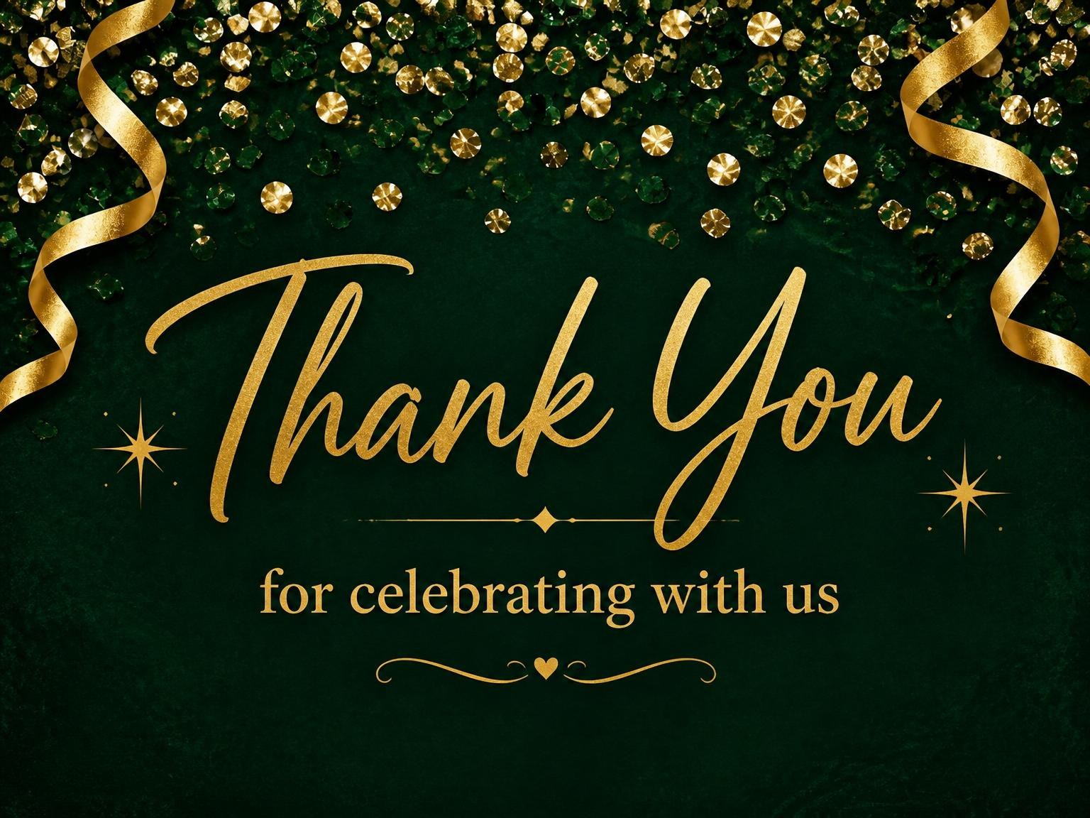 The matching thank-you card for the Emerald and Gold Confetti Birthday invitation