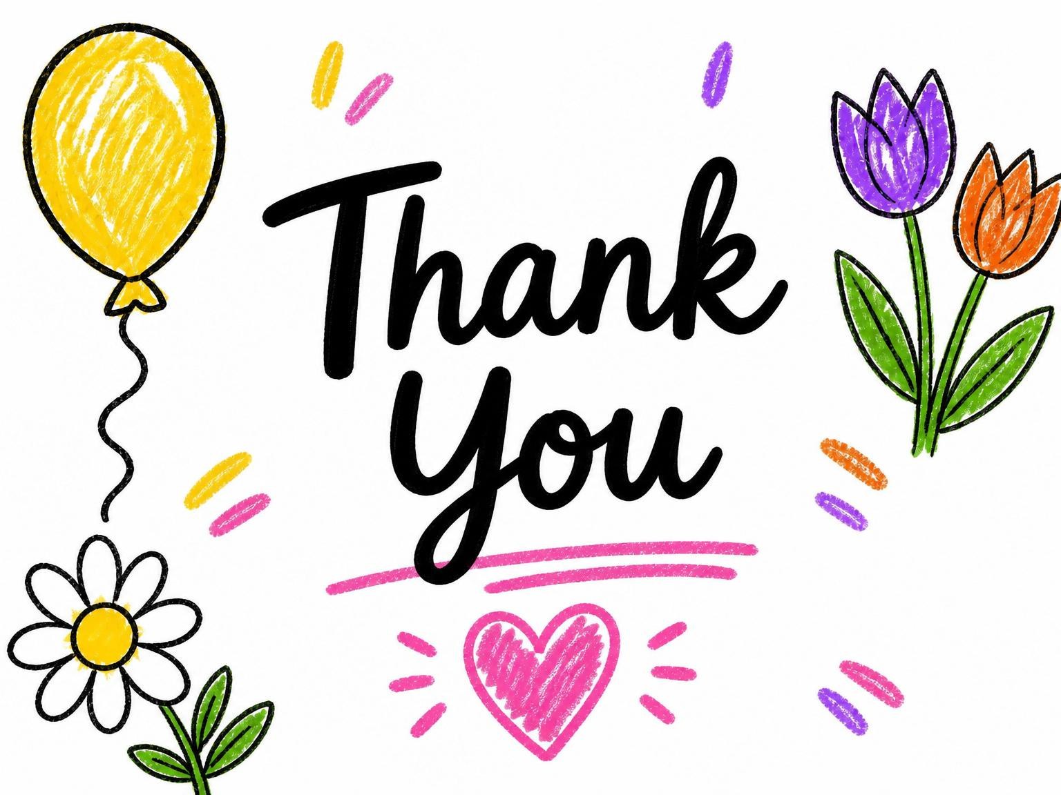 The matching thank-you card for the Crayon Floral Balloon 4th Birthday Invitation invitation