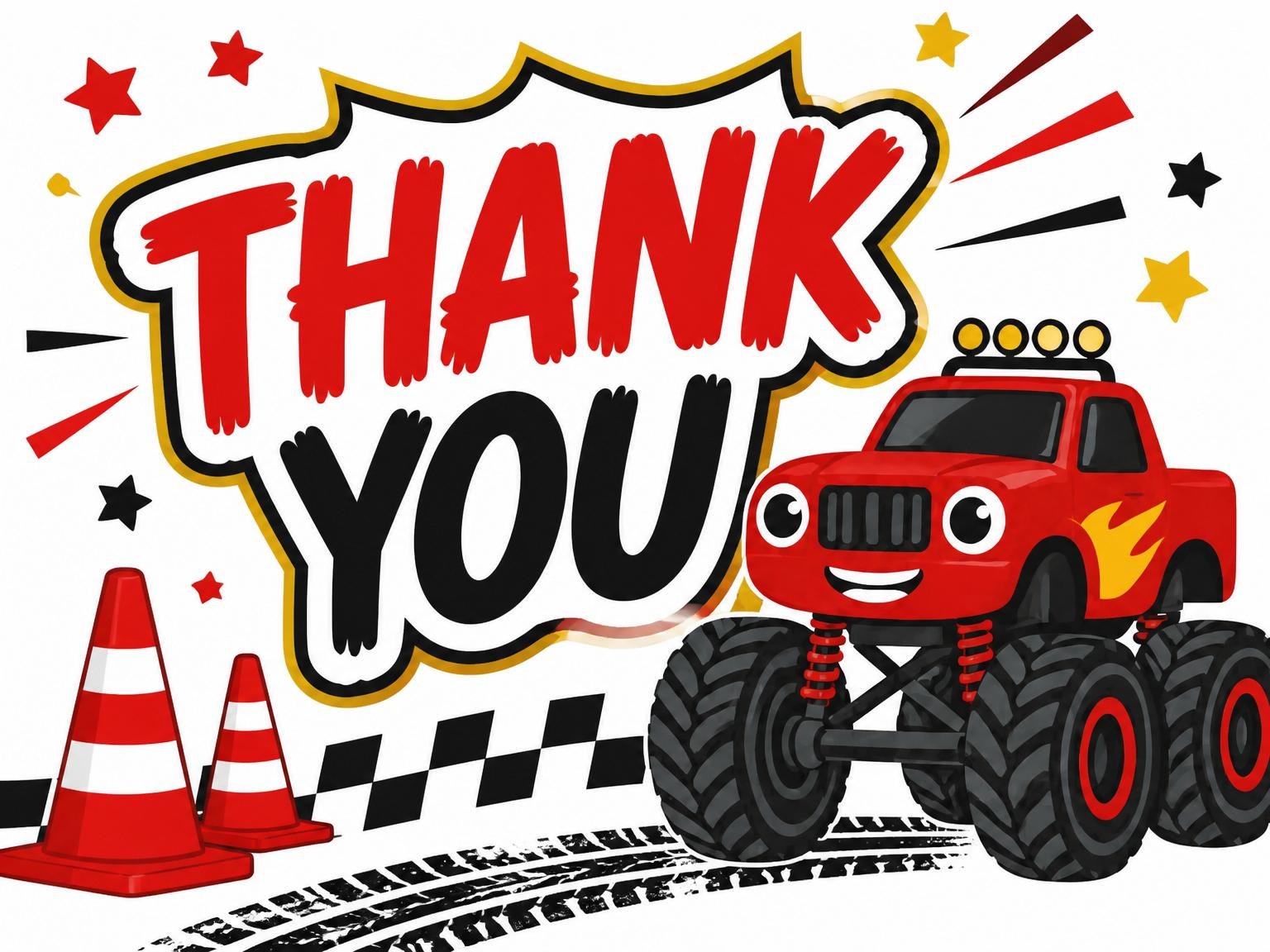 The matching thank-you card for the Red Monster Truck 6th Birthday Invitation invitation