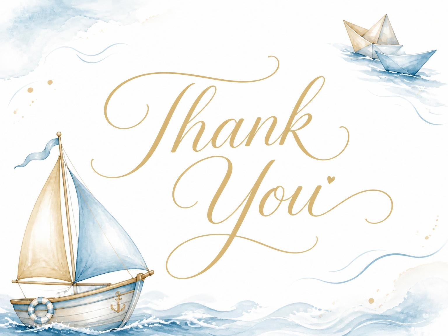The matching thank-you card for the Watercolor Sailboat Nautical Baby Shower invitation