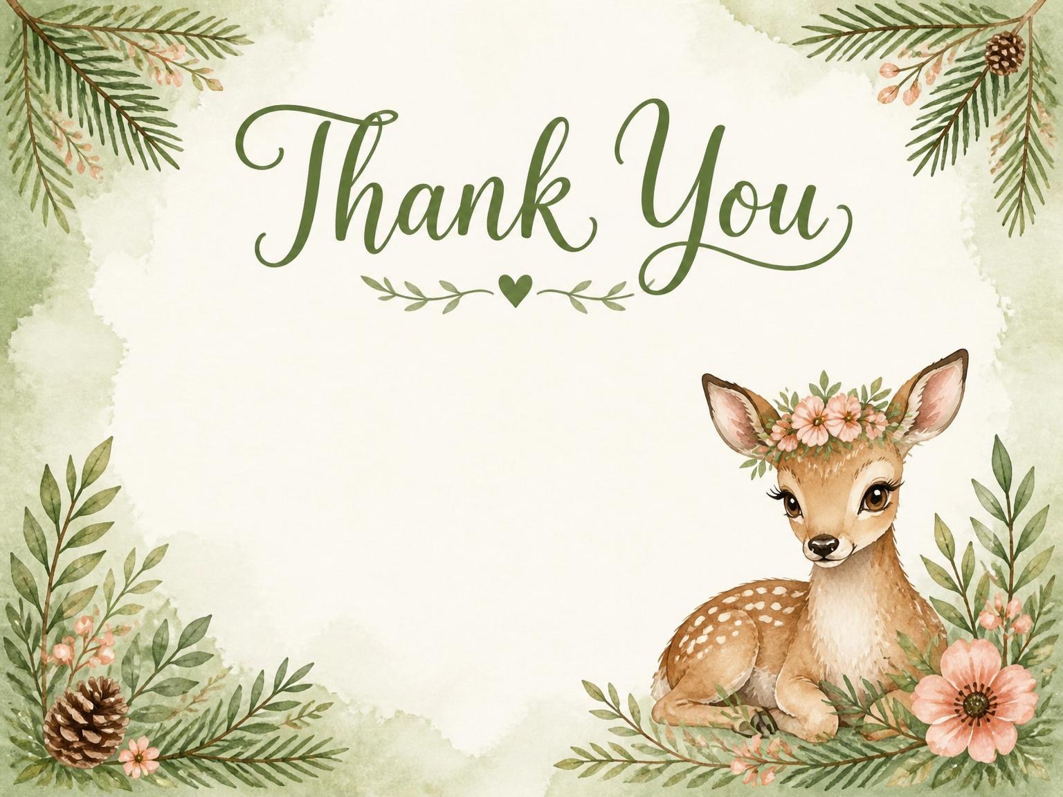 The matching thank-you card for the Watercolor Deer Forest 3rd Birthday Invitation invitation