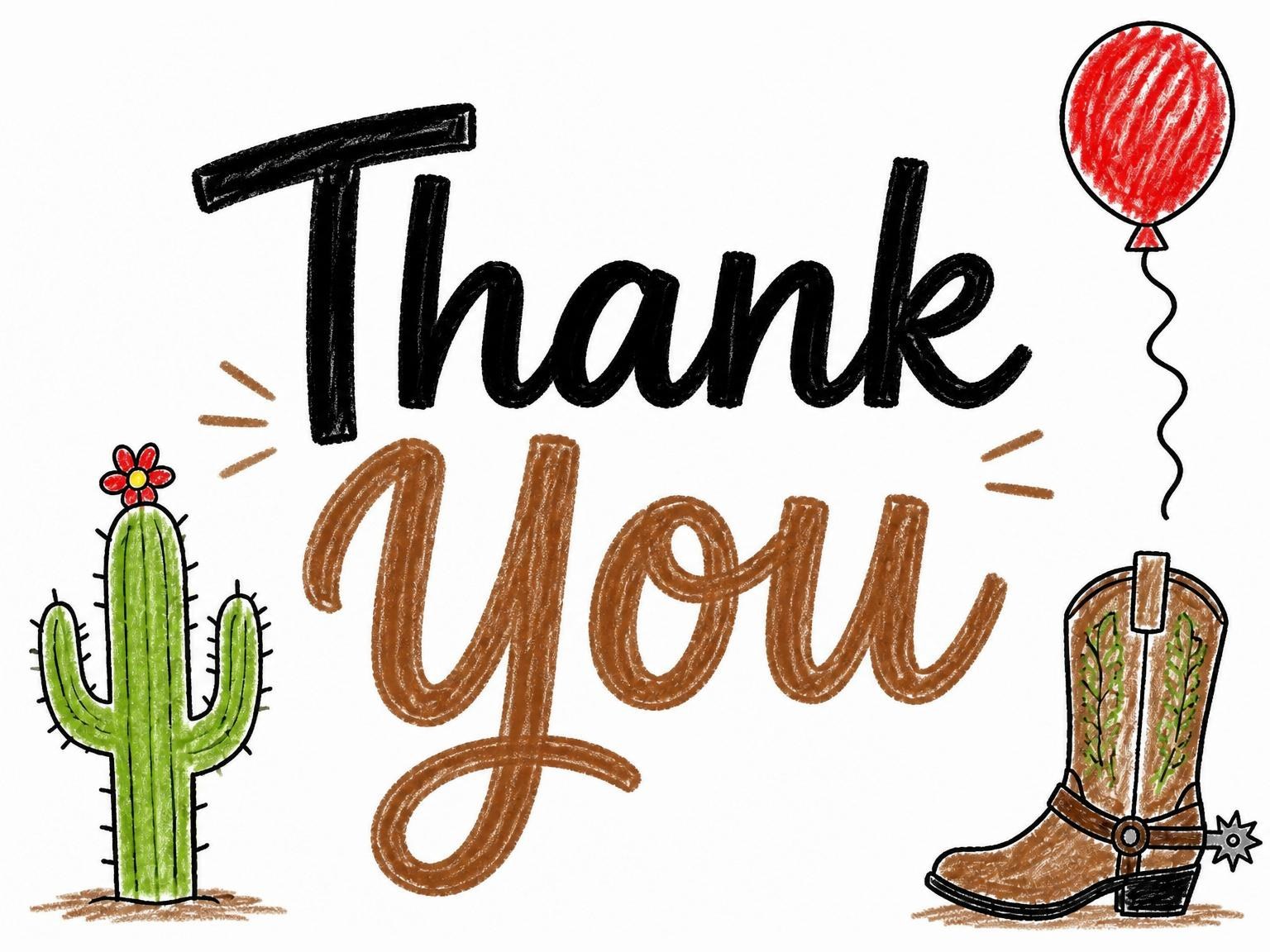 The matching thank-you card for the Crayon Illustration Western 10th Birthday invitation
