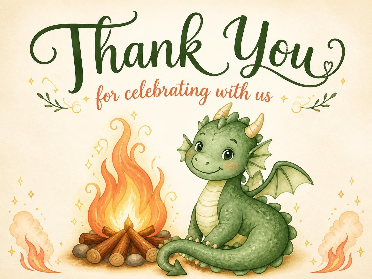The matching thank-you card for the Watercolor Dragon Campfire 5th Birthday invitation