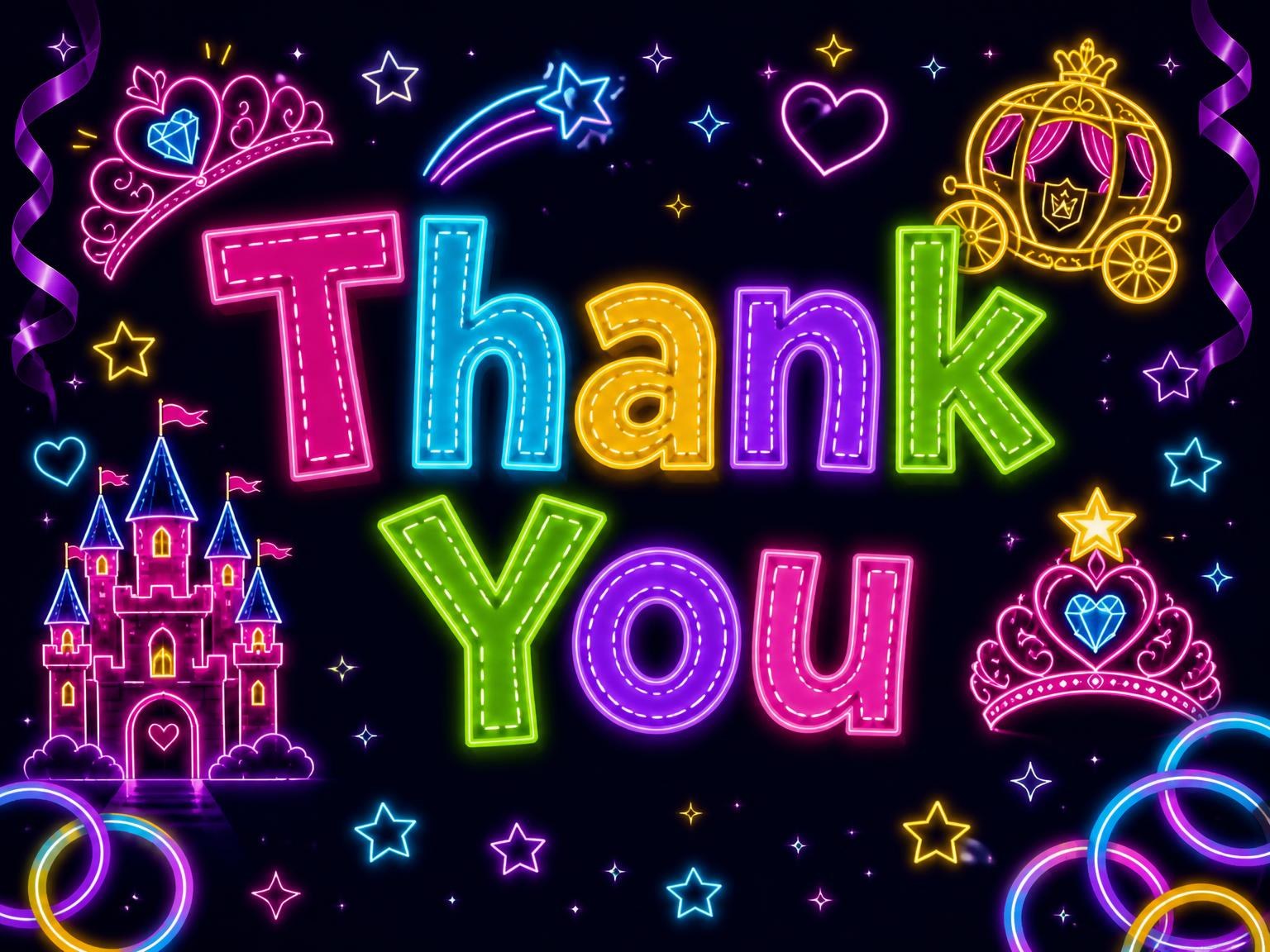 The matching thank-you card for the Neon Princess 7th Birthday Invitation invitation