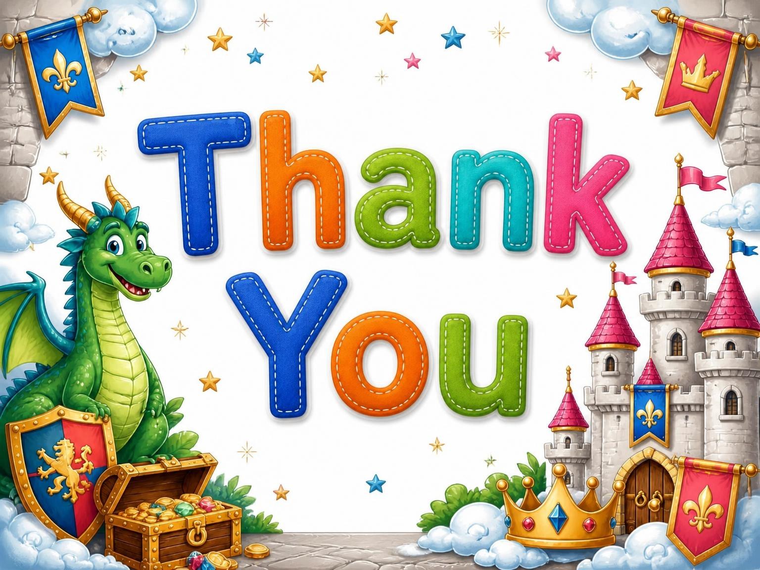 The matching thank-you card for the Stitched Dragon Castle 3rd Birthday Invitation invitation
