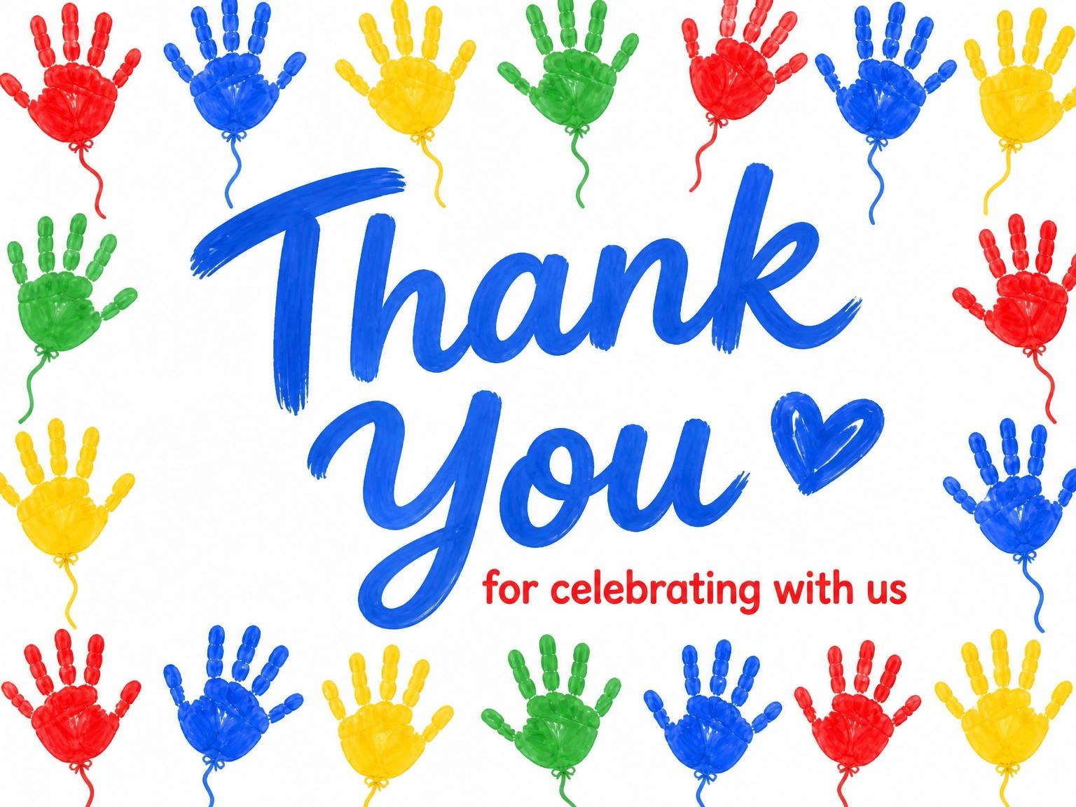 The matching thank-you card for the Primary Color Handprint Art 3rd Birthday invitation