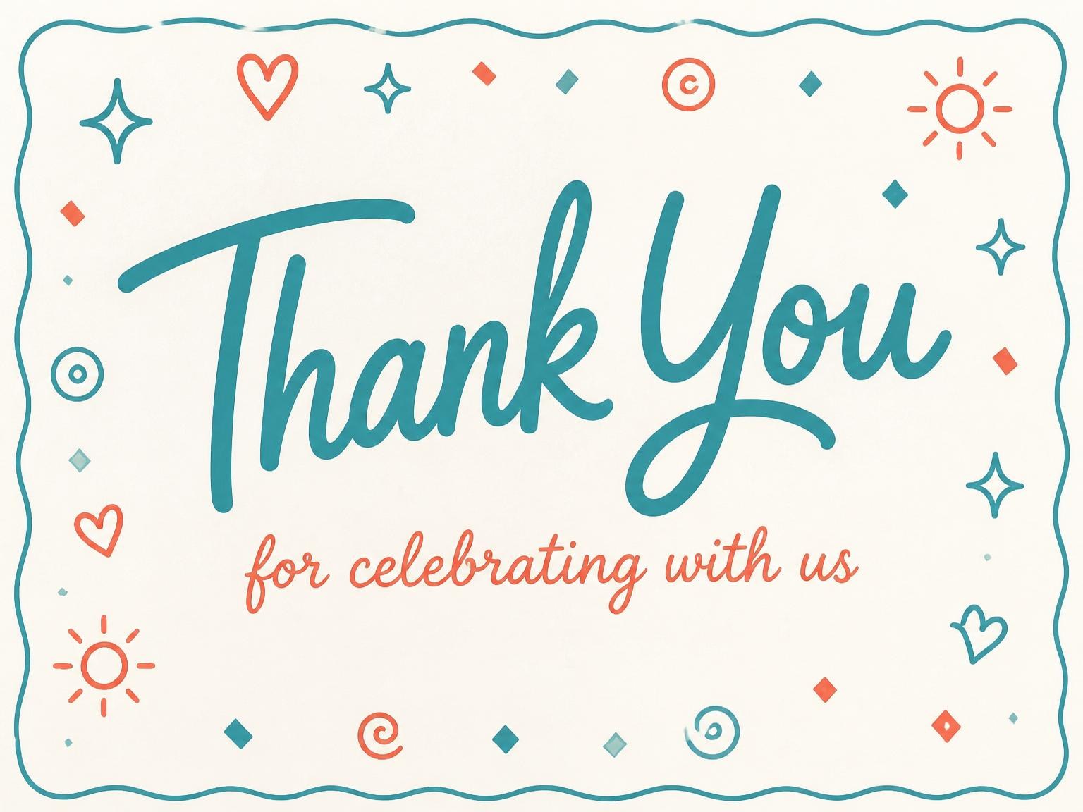 The matching thank-you card for the Teal and Coral Doodle 7th Birthday invitation